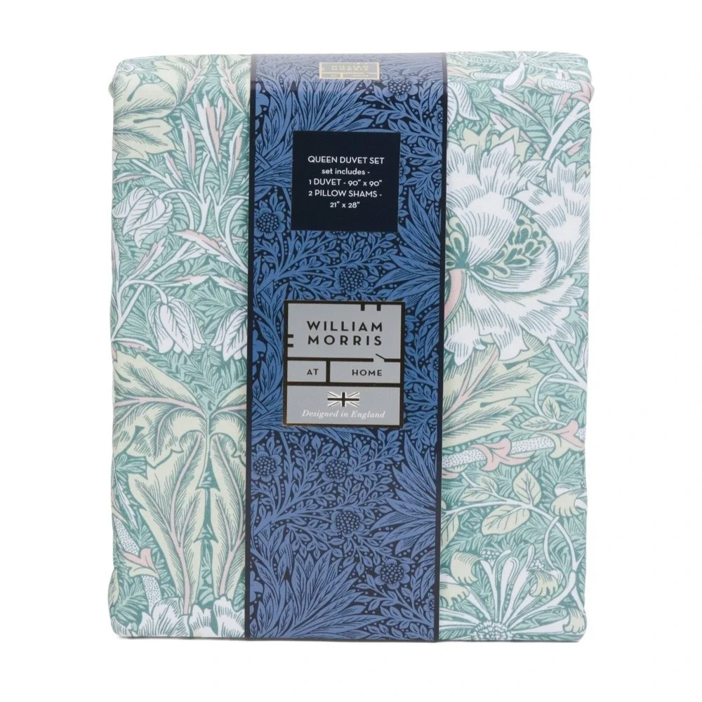 William Morris Queen Duvet Set 3pc Cotton Honeysuckle Tulip Sea Green Pattern‎